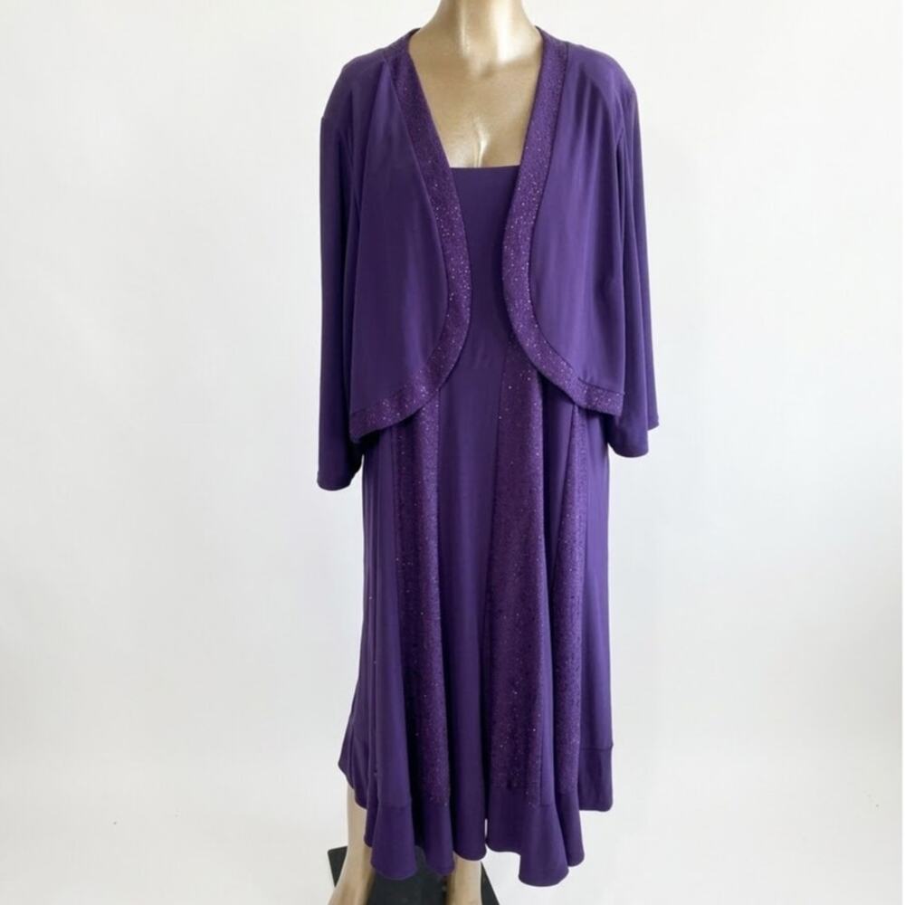 Maggie Barnes Purple Glitter Trim Midi Dress & Open Front Bolero Jacket Set 1X